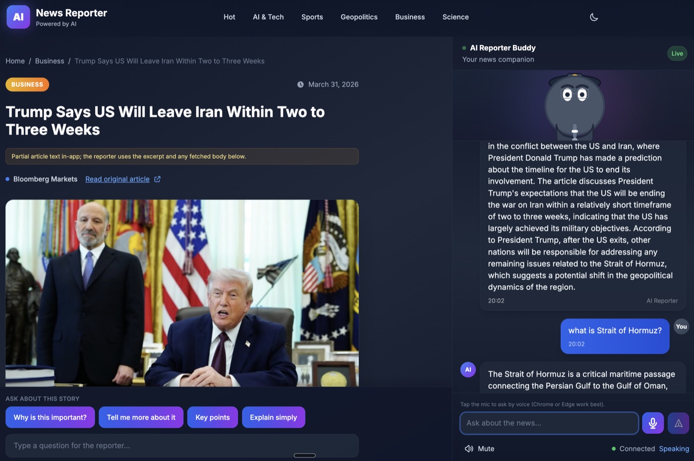 NewsBuddy AI article companion interface